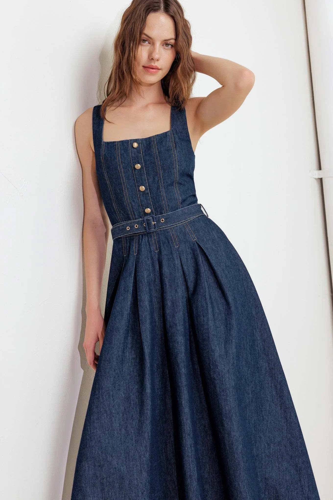 MOONLIGHT SERENADE DARK DENIM MIDI DRESS FINAL SALE