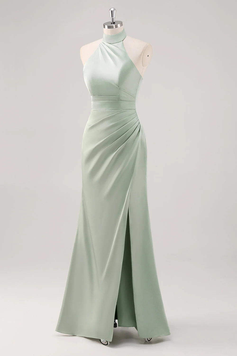 Sage Green Sheath Halter Ruched Satin Long Bridesmaid Dress with Slit