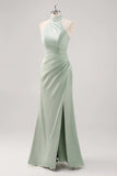 Sage Green Sheath Halter Ruched Satin Long Bridesmaid Dress with Slit