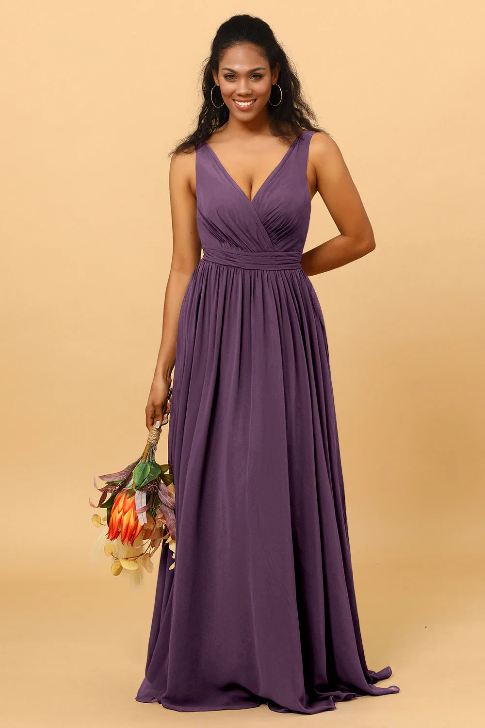 A Line V Neck Pleated Floor Length Long Chiffon Bridesmaid Dress