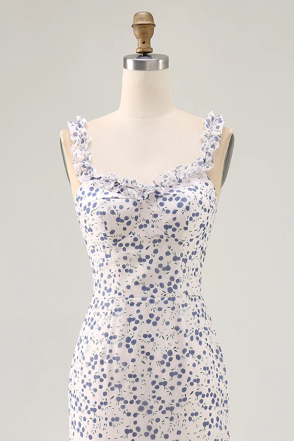 Blue Flower Sheath Chiffon Bridesmaid Dress with Ruffled Slit