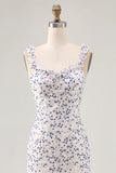 Blue Flower Sheath Chiffon Bridesmaid Dress with Ruffled Slit