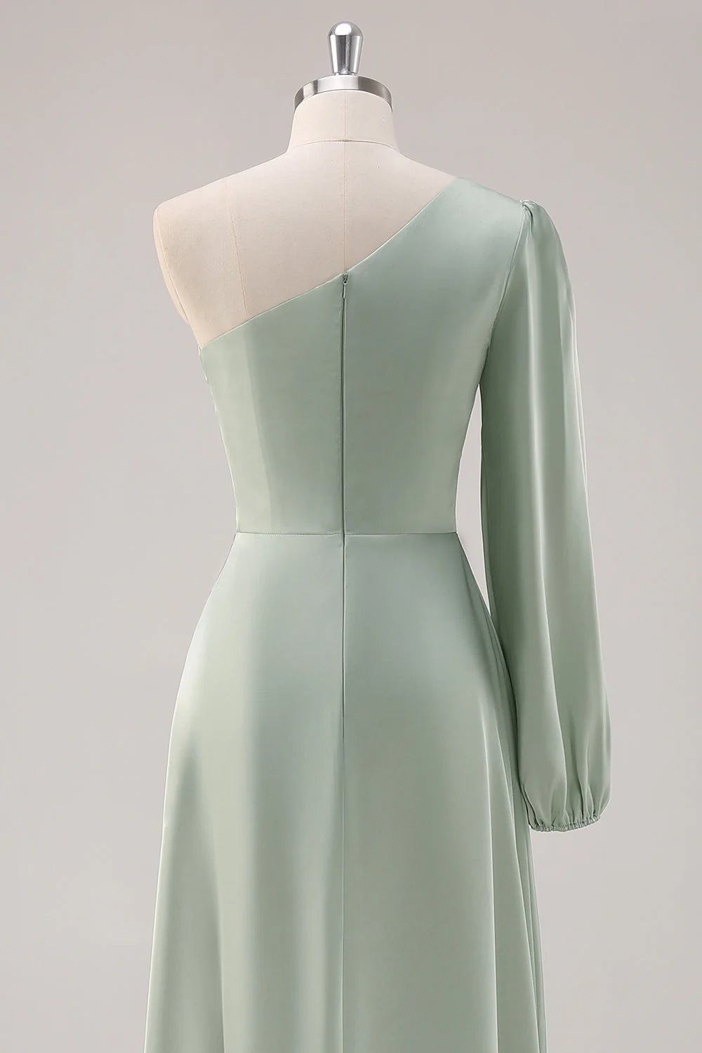 Sage Green A Line One Shoulder Ruched Long Bridesmaid Dress with Slit