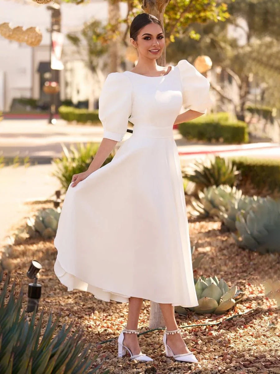 Elegant Bateau A Line Satin Knee length Wedding Dress