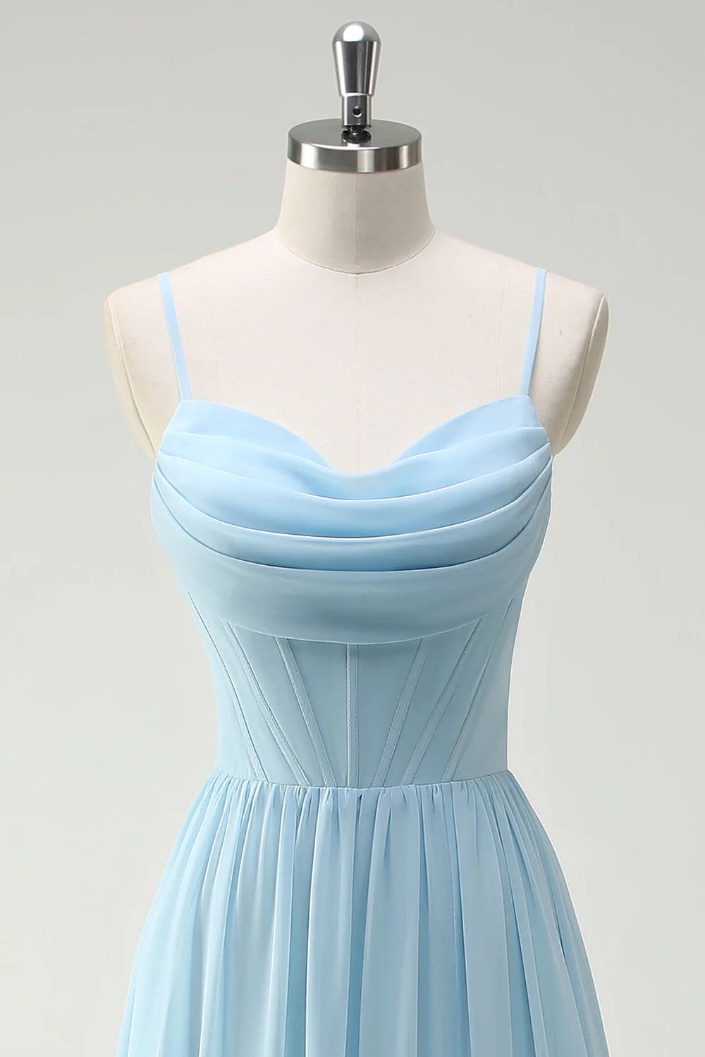 Sky Blue A Line Cowl Neck Corset Floor Length Bridesmaid Dress with Ruffle Slit