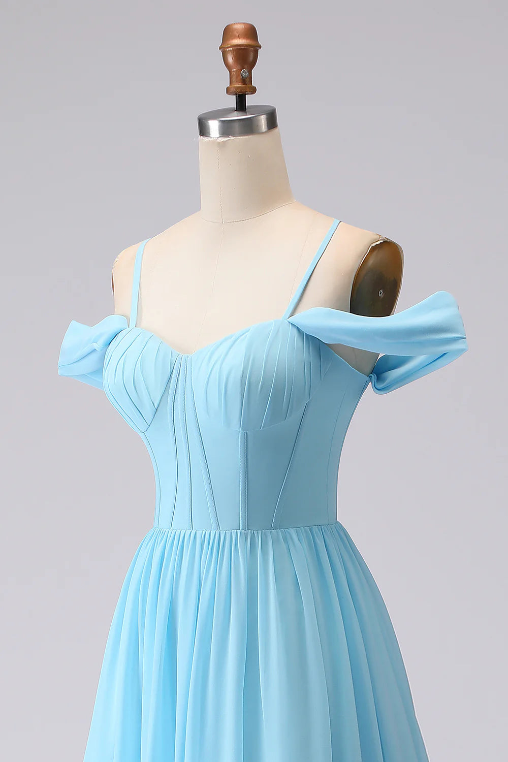 Cold Shoulder Sky Blue A Line Corset Long Bridesmaid Dress with Slit