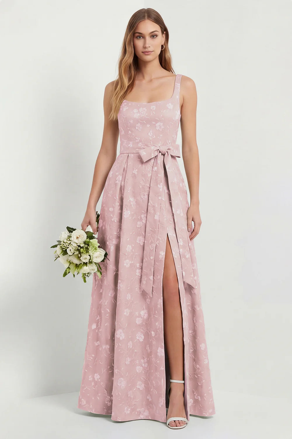 Sage A Line Square Neck Floral Jacquard Bridesmaid Dress with Slit