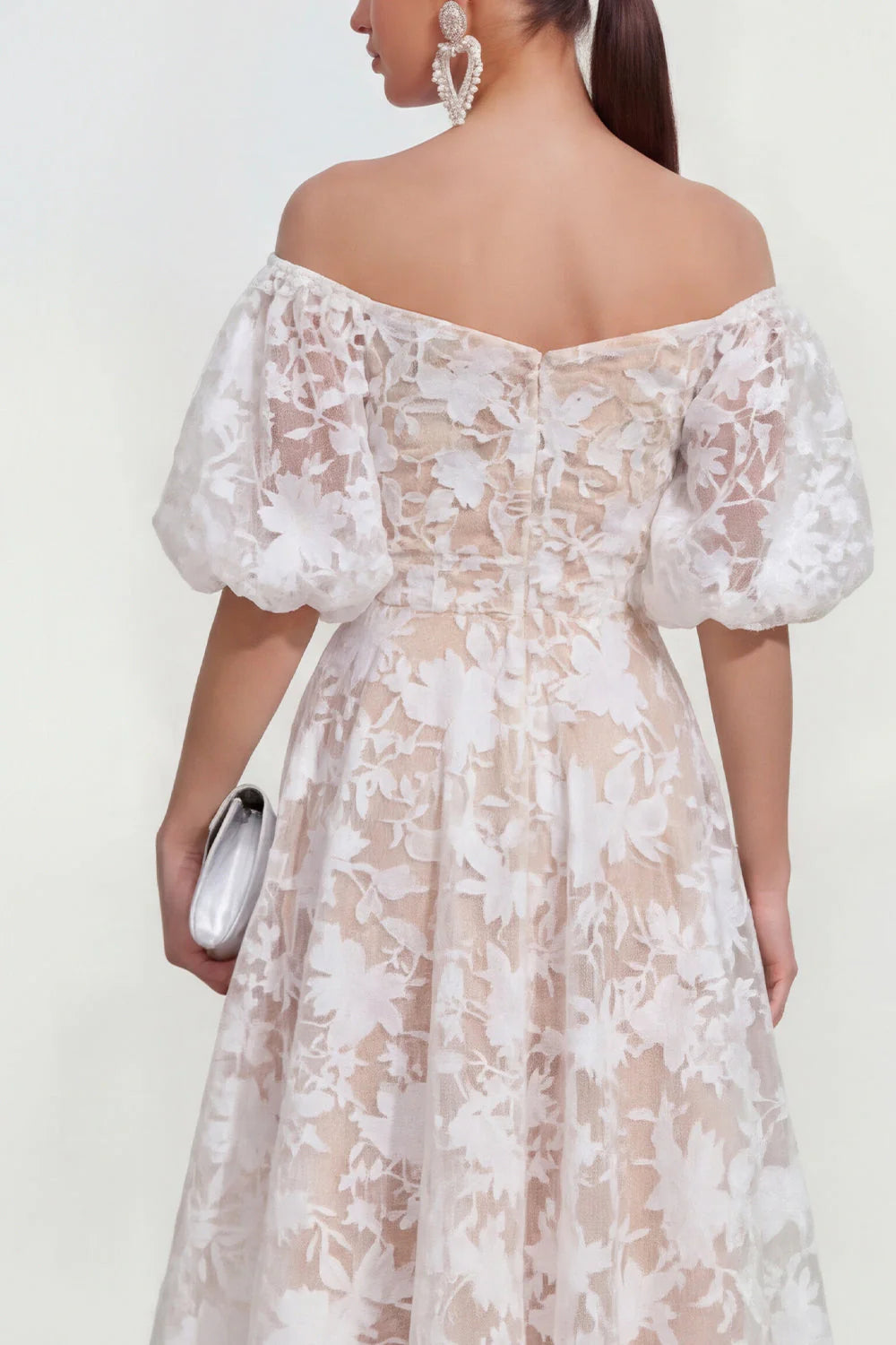 Floral Pink Off the Shoulder A Line Midi Wedding Guest Dress