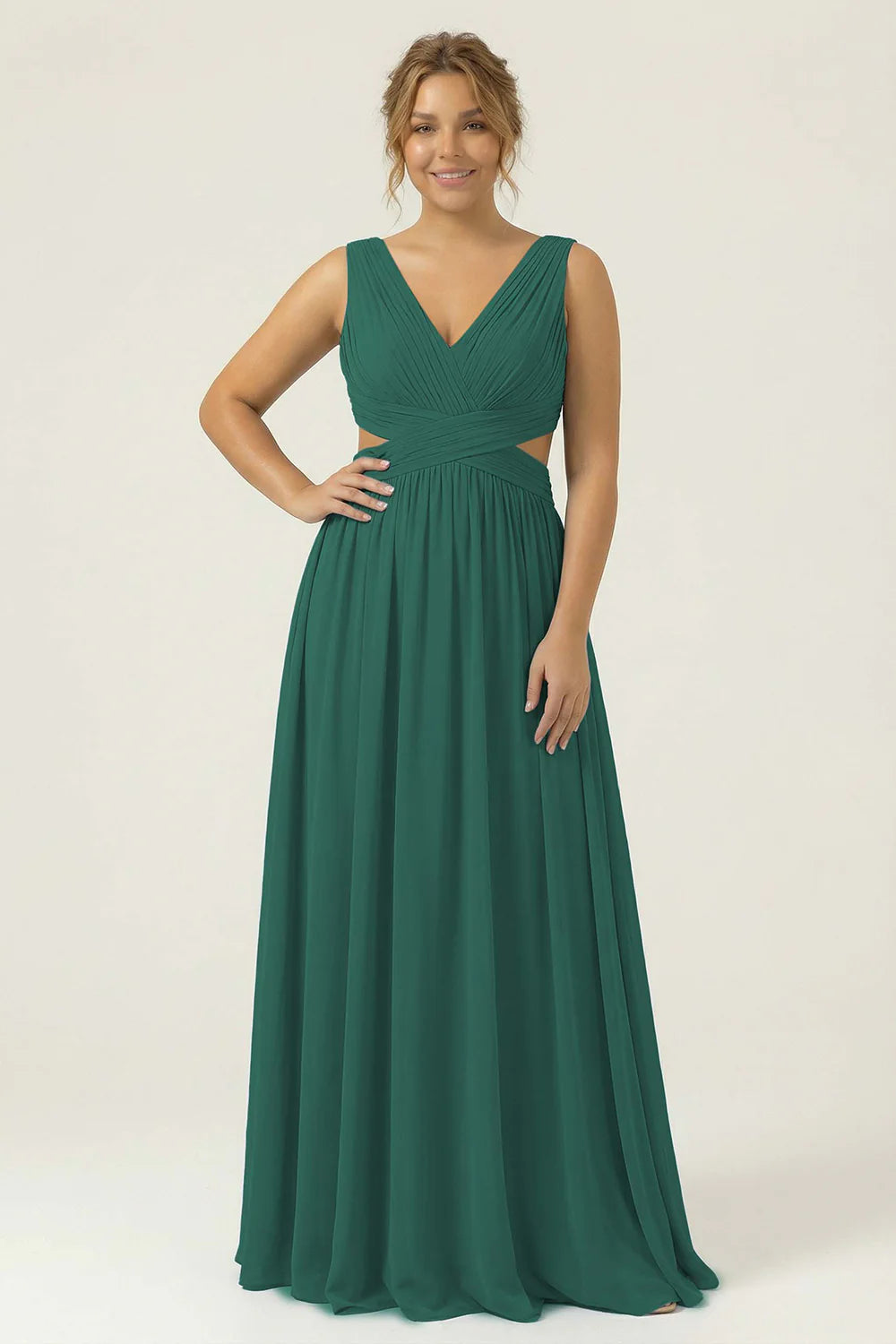 Dusty Blue A Line V Neck Chiffon Long Plus Size Bridesmaid Dress