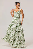 Green Flower A Line Corset Ruffle Long Bridesmaid Dress with Lace Up Back