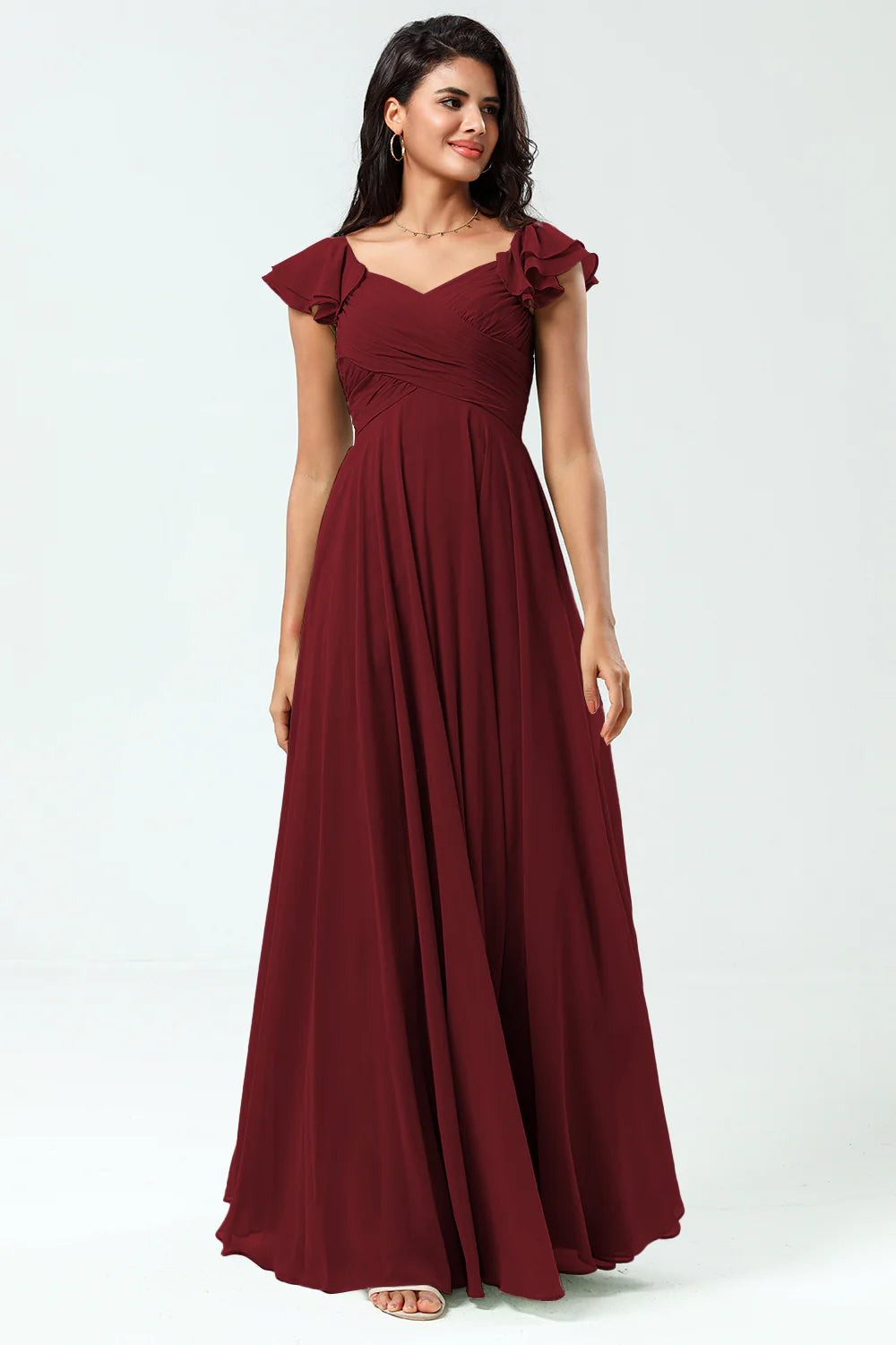 Lace Up Back Cross A Line Chiffon Bridesmaid Dress with Ruffles