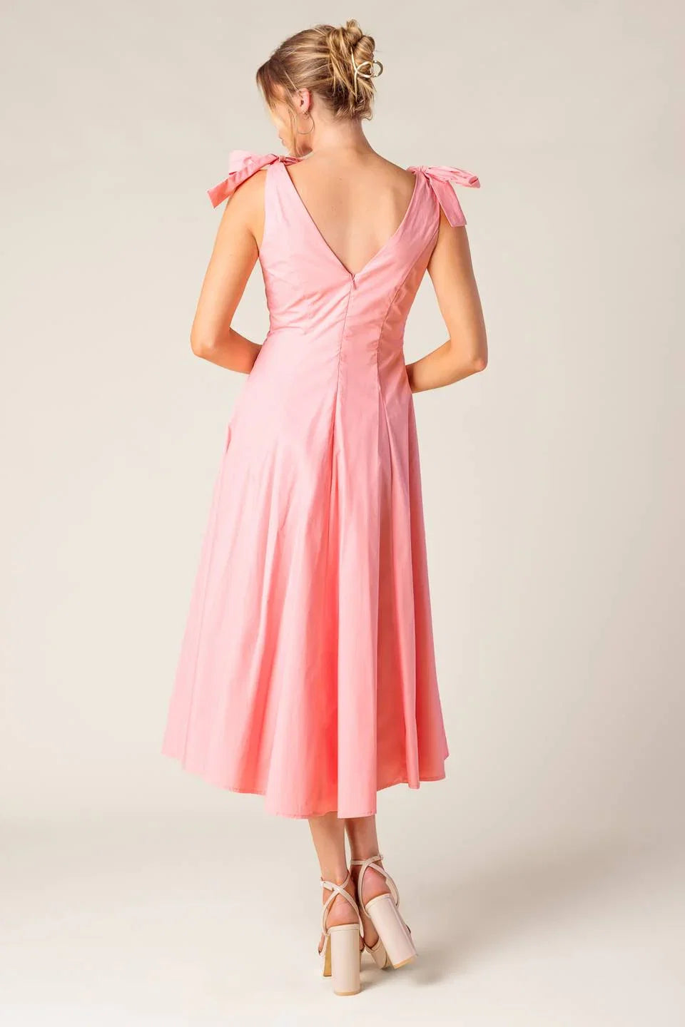 SWEET NOTHINGS SHOULDER BOW MIDI DRESS PEACH