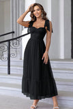 Black A Line Bow Spaghetti Straps Pleated Long Wedding Guest Dress