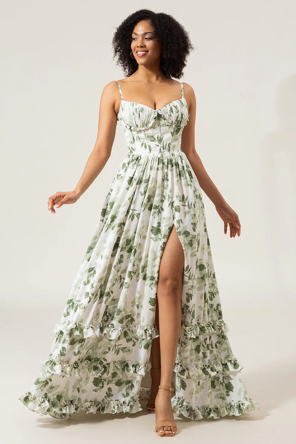 A Line Spaghetti Straps Printed Long Green Bridesmaid Dress With Slit