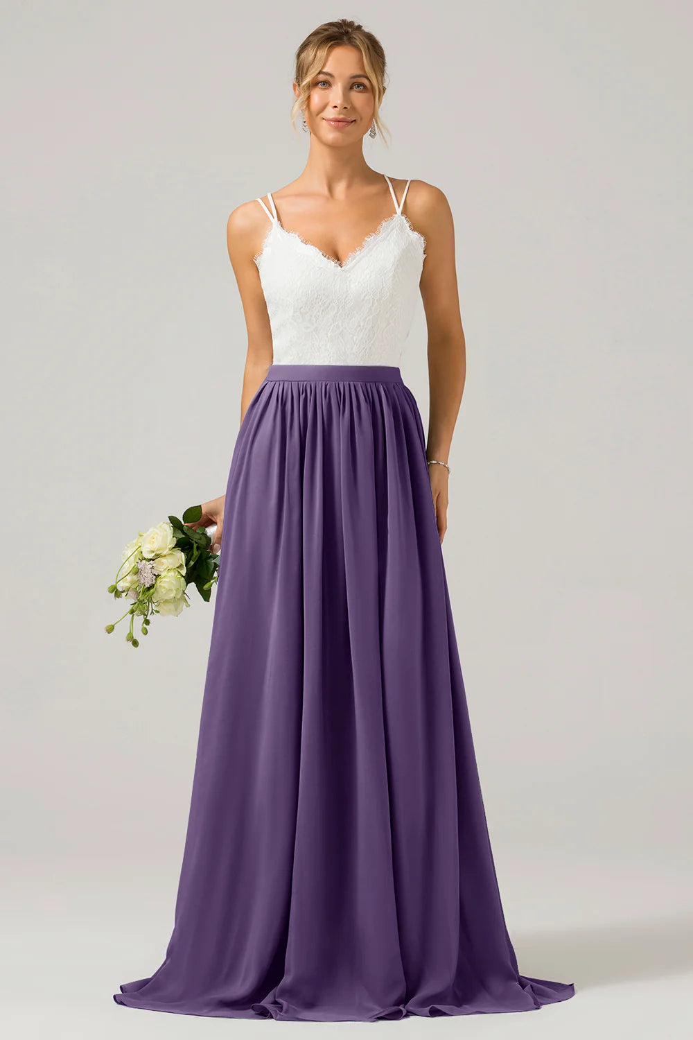 A Line Spaghetti Straps Pleated Long Bridesmaid Dress With Lace