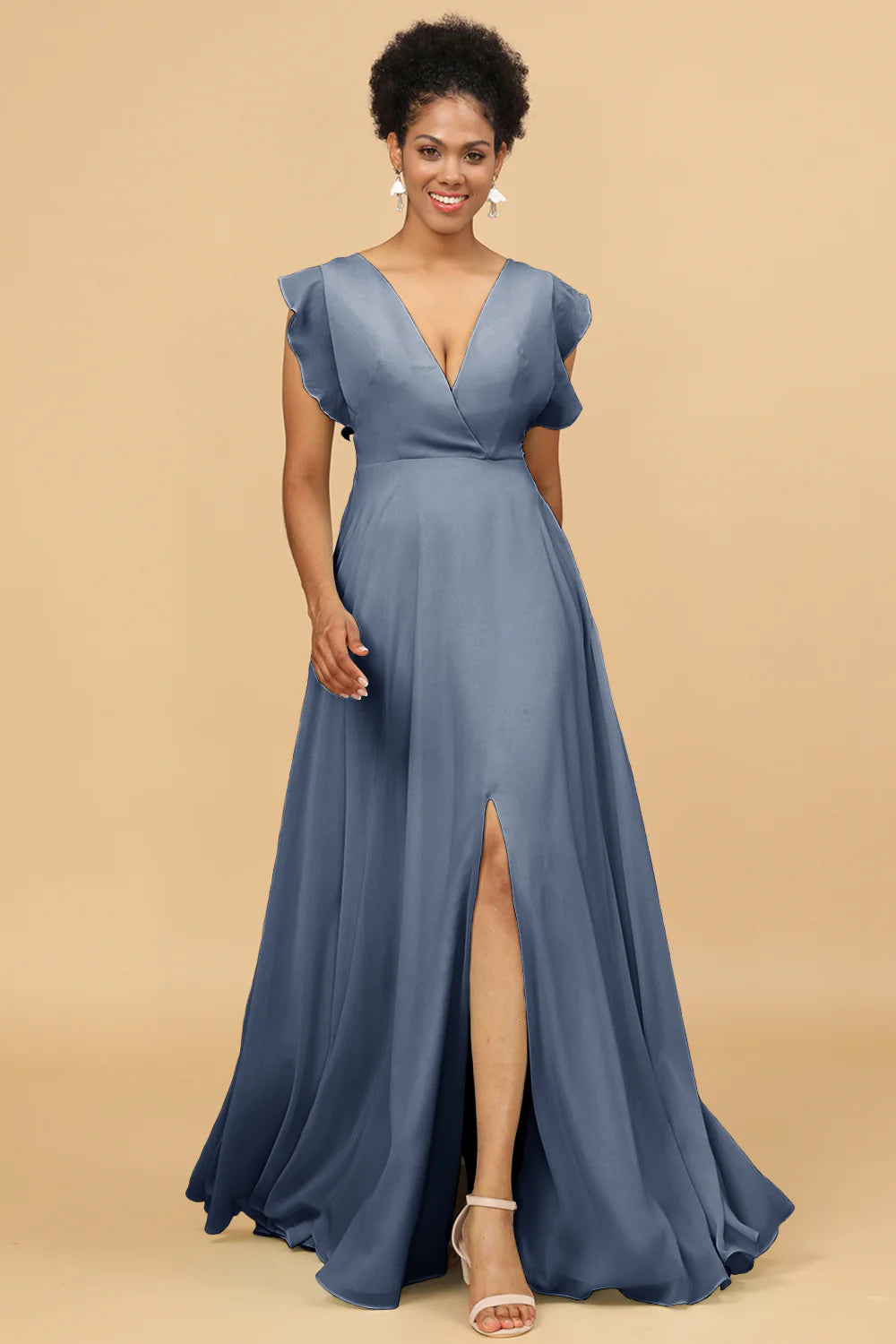 A Line V Neck Floor Length Chiffon Bridesmaid Dress with Slit