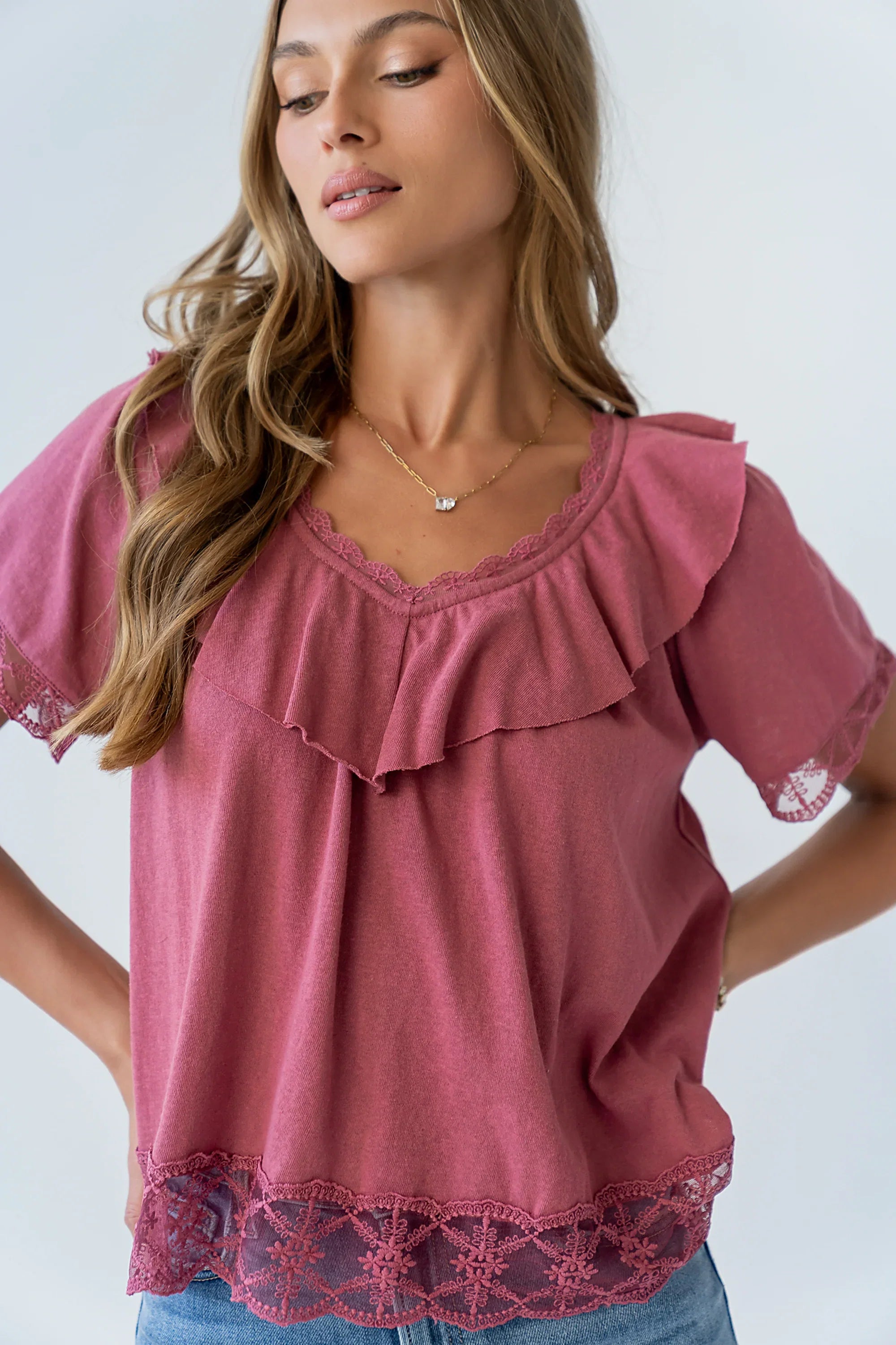 Lilian Lace Trim Top in Berry
