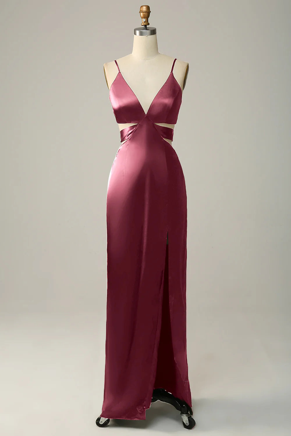 Dark Green Sheath Spaghetti Straps Cut Out Satin Long Bridesmaid Dress