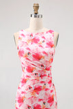 Simple Pink Flower Sheath Boat Neck Wedding Guest Dress