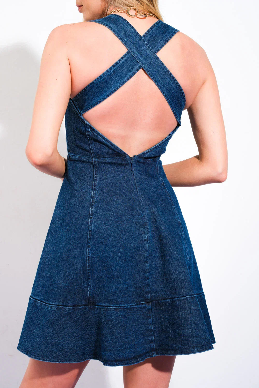 EASYGOING DAYS INDIGO CRISS CROSS BACK DENIM MINI DRESS