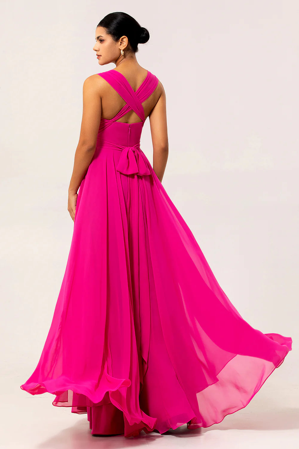 Blush Pink A Line Ruched Backless Convertible Chiffon Long Bridesmaid Dress with Slit