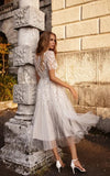 Tea Length Sleeves Ethereal Modern A Line V Neck Button Back Wedding Dress