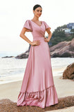 Blush Pink A Line V Neck Ruffle Sleeves Long Satin Bridesmaid Dress