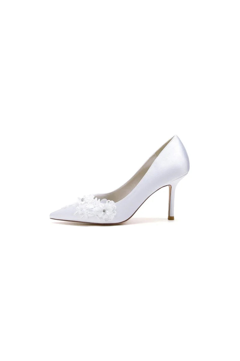 White Wedding Shoes Stiletto Heel Satin With Lace