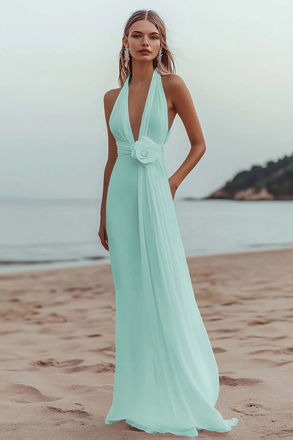 White A Line V Neck Engagement Dress With 3D Flowers