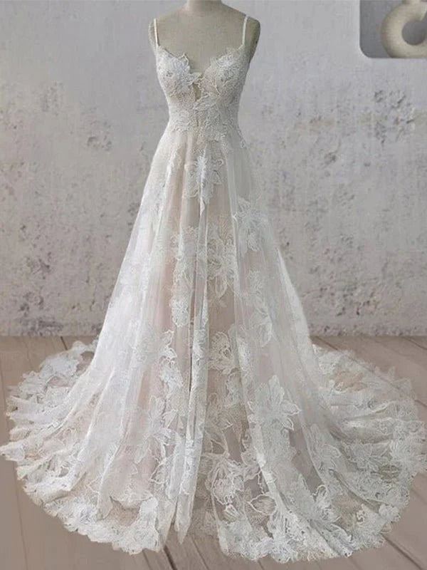 Boho White A Line Lace Appliques Wedding Dress