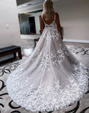 A Line Sweep Train Deep V Neck Wedding Dress With Appliques