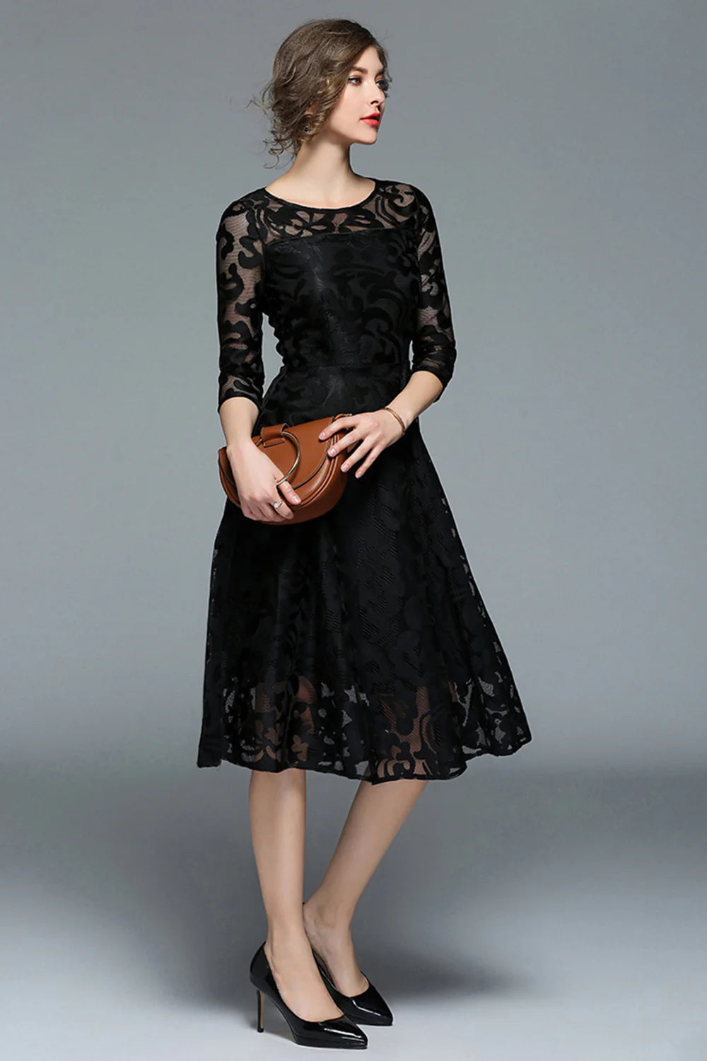 Peacock A Line Round Neck Midi Mother Of The Bride Dress with Half Sleeves