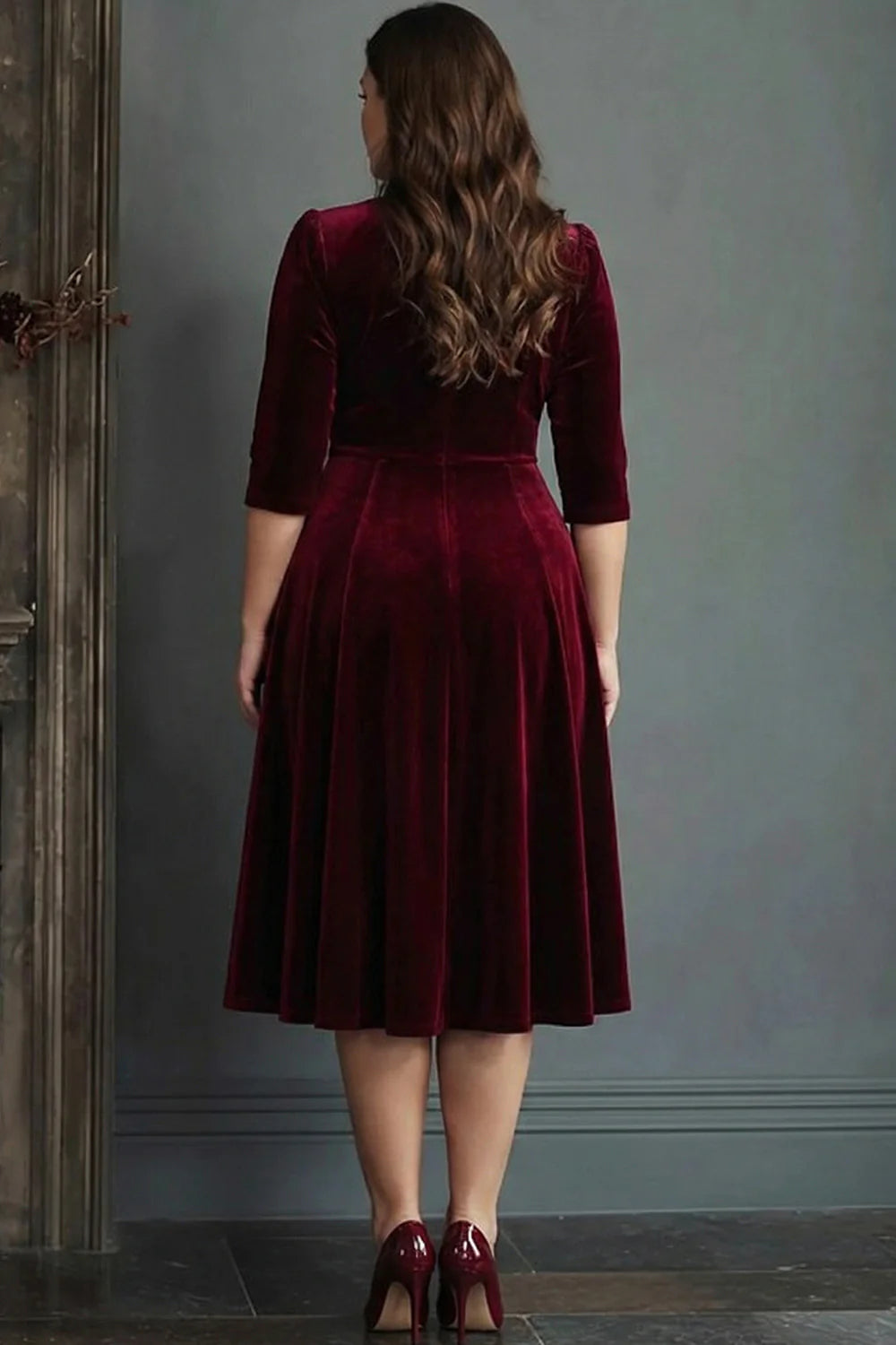 Burgundy A Line V Neck Midi Plus Size Velvet Dress with Half Sleeves