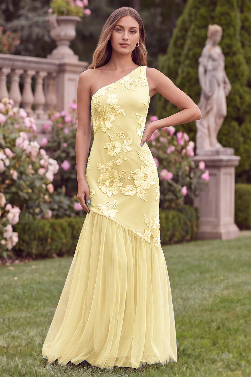 Pink One Shoulder Mermaid Floral Wedding Guest Dress