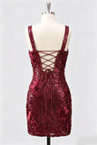 Burgundy Square Neck Bodycon Sequin Homecoming Dress