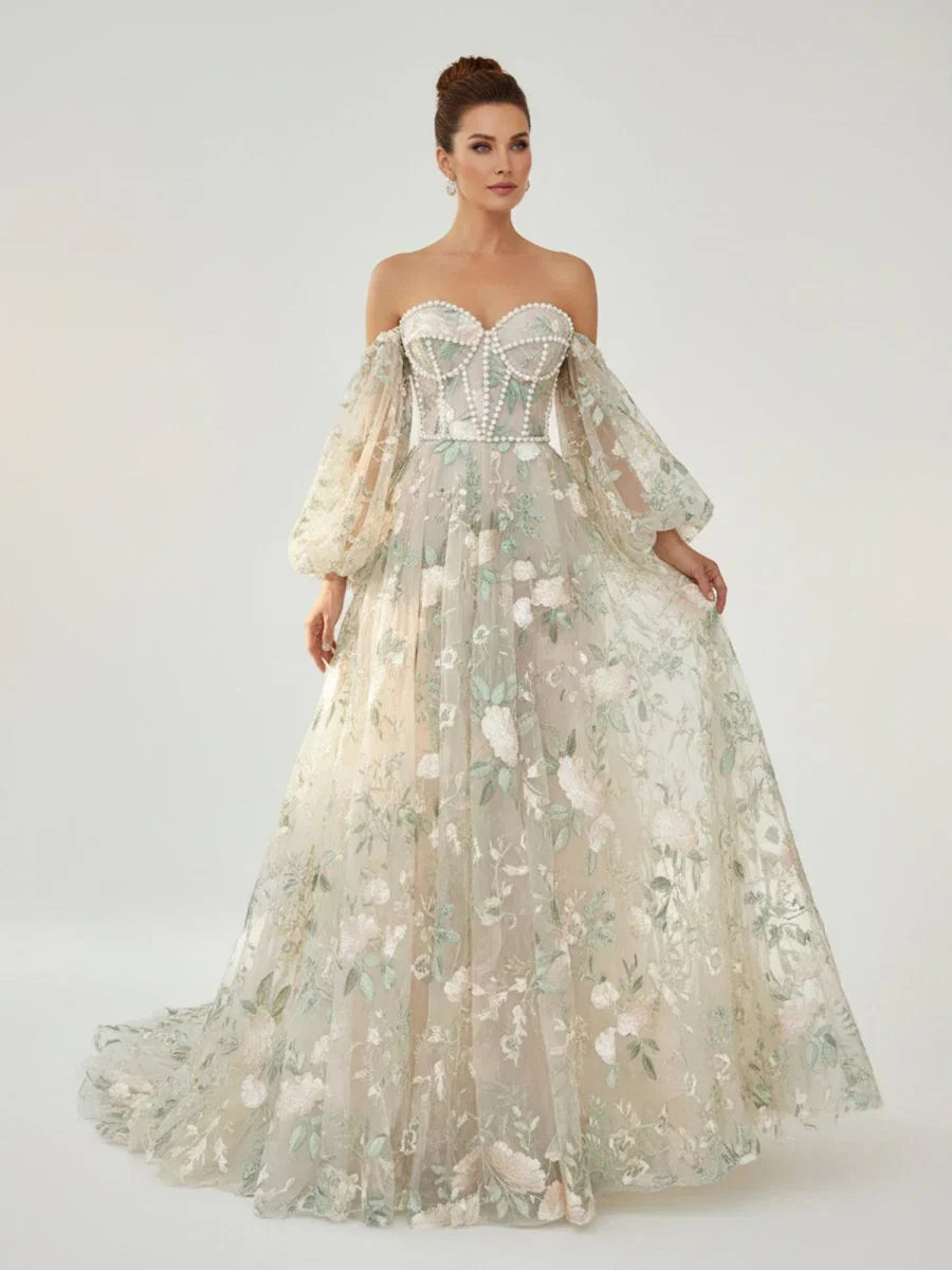 A Line Light Green Sweetheart Pearl Wedding Dress