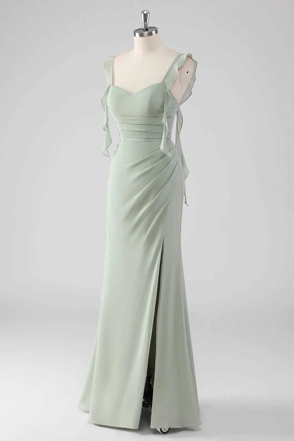 Sage Green Sheath Ruffled Lace Up Back Long Bridesmaid Dress with Slit