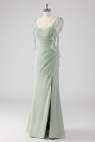 Sage Green Sheath Ruffled Lace Up Back Long Bridesmaid Dress with Slit