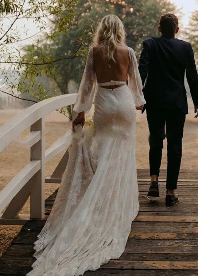 Long Lartern Sleeve Mermaid V Neck Backless Lace Bohemian Wedding Dresses