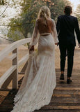 Long Lartern Sleeve Mermaid V Neck Backless Lace Bohemian Wedding Dresses