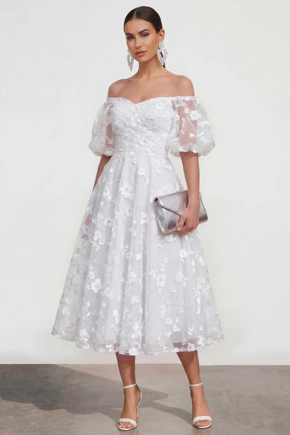 Off the Shoulder Floral Lilac Ruched A Line Wedding Guest Dress