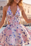 Halter Lilac A Line Cut Out Floral Corset Homecoming Dress