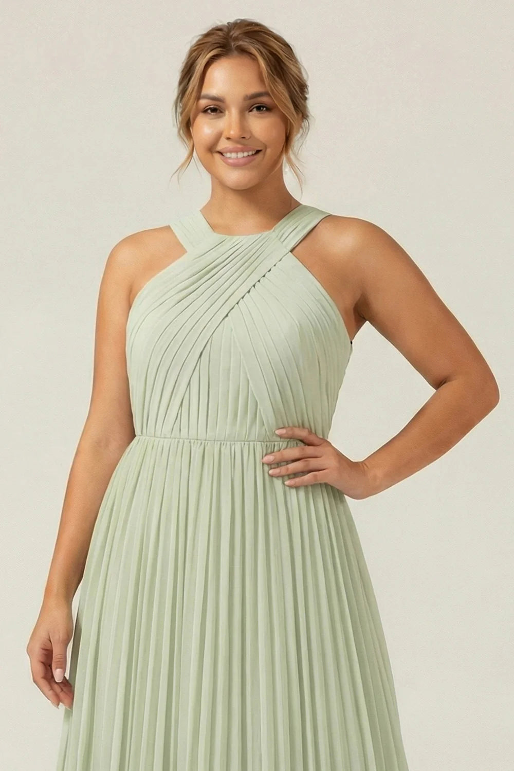 Halter A Line Dusty Sage Pleated Long Plus Size Bridesmaid Dress