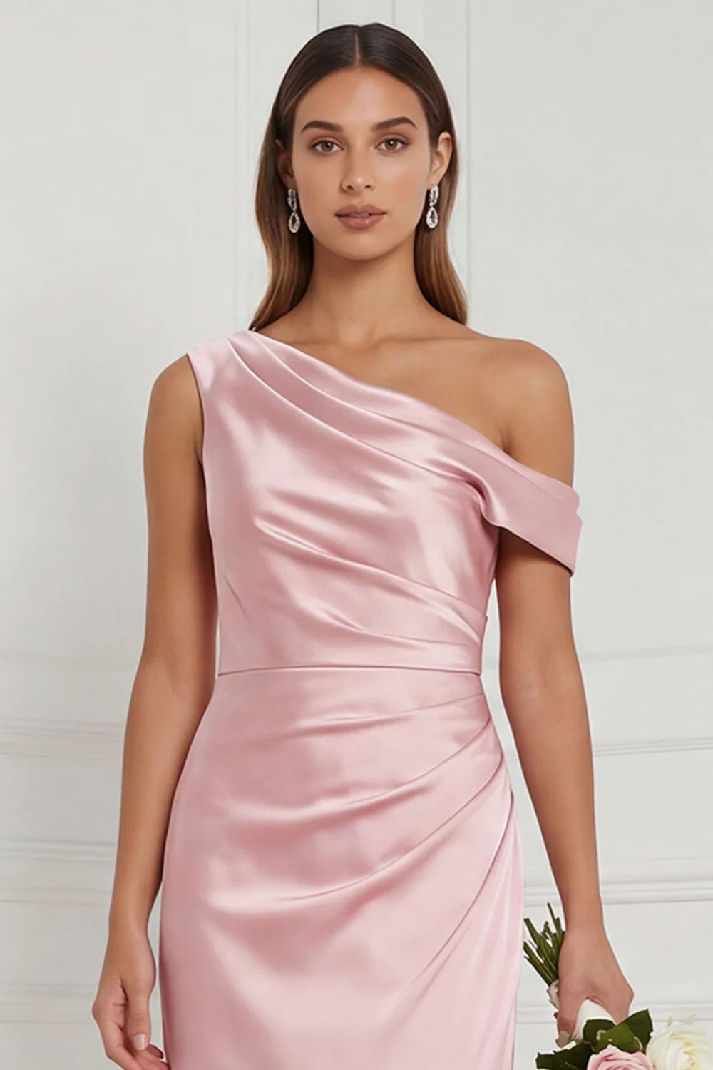 Burnt Orange Asymmetrical Neck Mermaid Ruched Satin Bridesmaid Dress