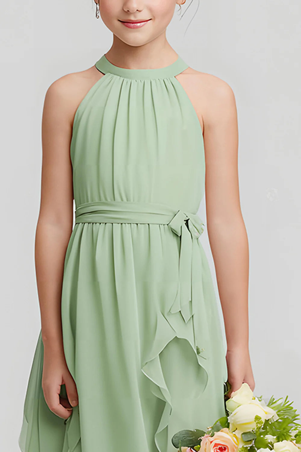 Sage Green Halter A Line Chiffon Long Junior Bridesmaid Dress with Ruffles