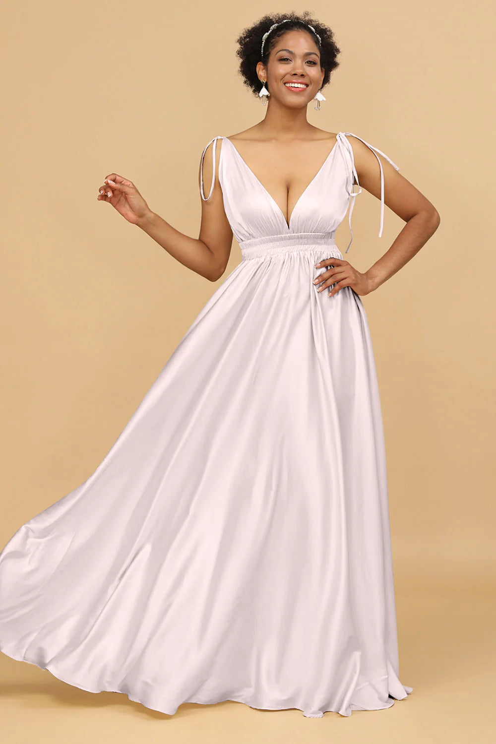 A Line Deep V Neck Backless Floor Length Bridesmaid Dress