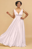 A Line Deep V Neck Backless Floor Length Bridesmaid Dress