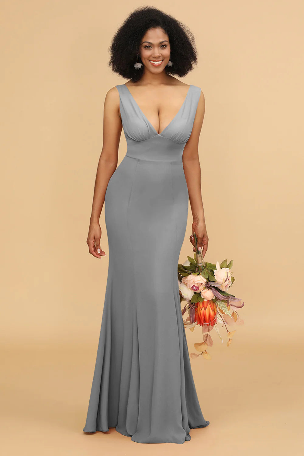 Mermaid V neck Open Back Long Chiffon Bridesmaid Dress With Ruffles