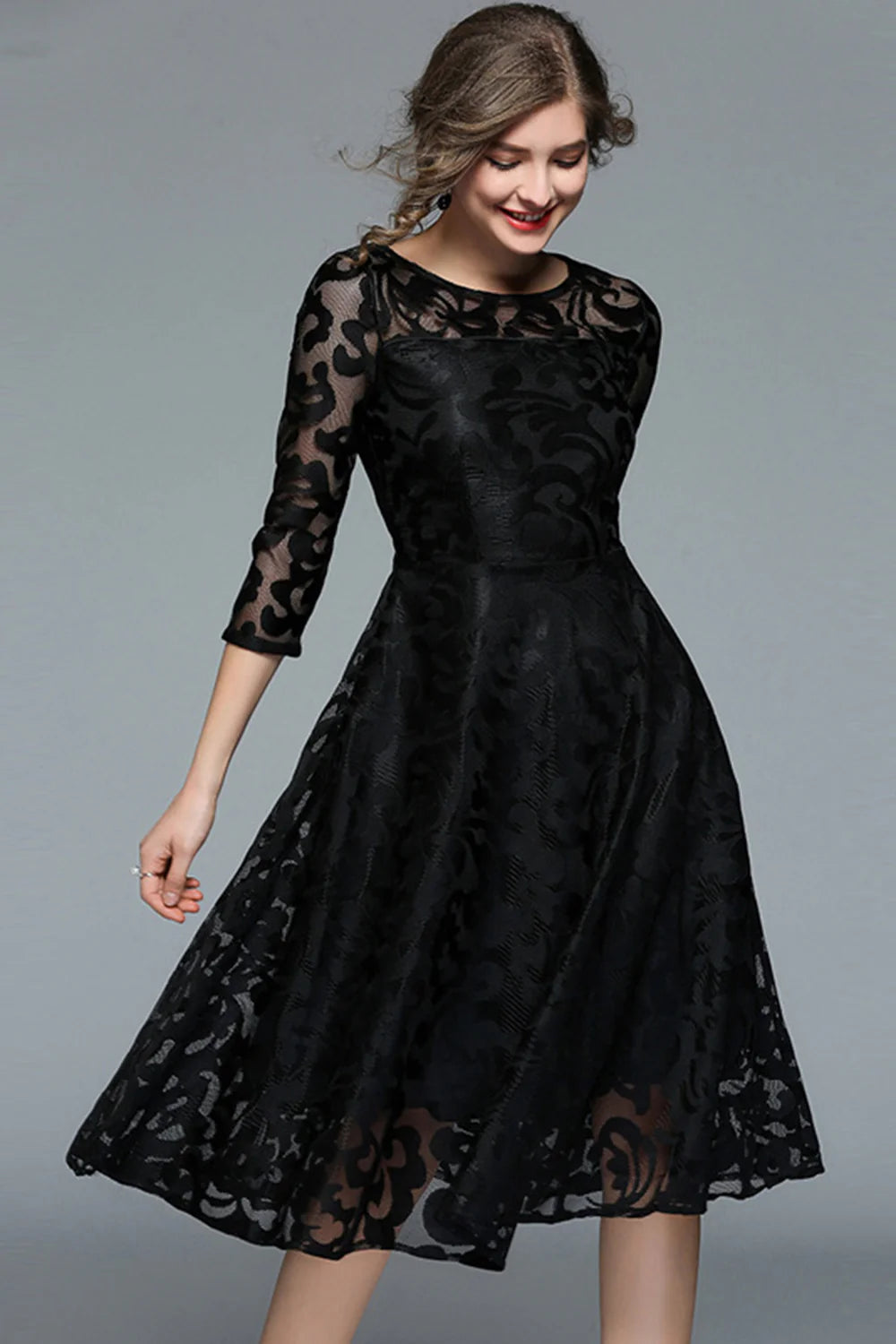 Peacock A Line Round Neck Midi Mother Of The Bride Dress with Half Sleeves