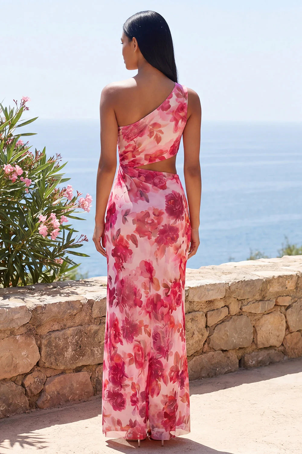 Pink One Shoulder Cut Out Floral Wedding Guest Dress with Slit
